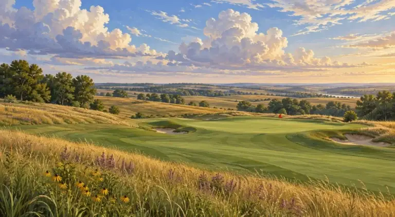 Illustration of Iowa-style rolling meadow landscape