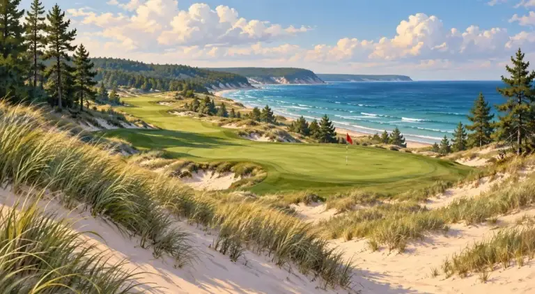 Illustration of Michigan dunes, pine and freshwater