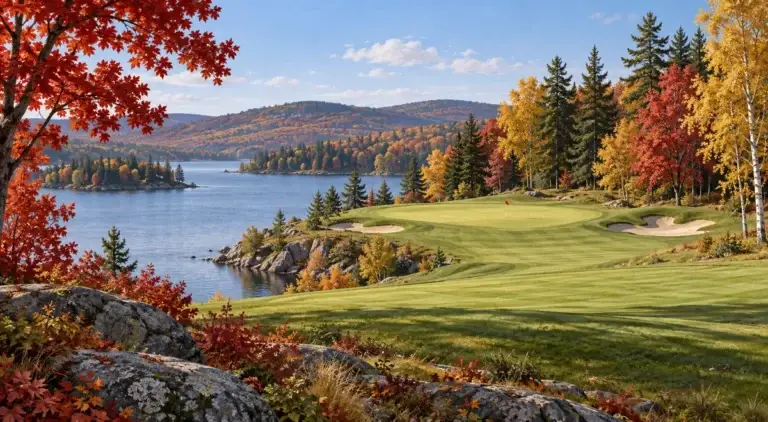 Illustration of Autumn lake with maple, birch and evergreen