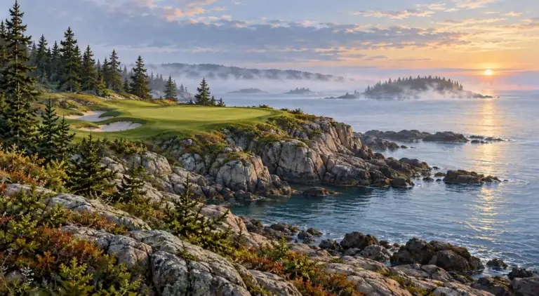 Illustration of Rocky Maine coast with spruce and granite