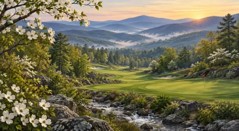 Illustration of Misty Appalachian foothills, dogwood, creek, sunrise