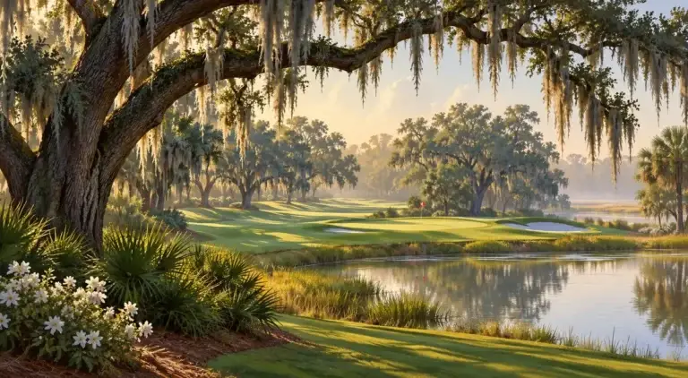 Illustration of Live-oak parkland with Spanish moss and lagoon