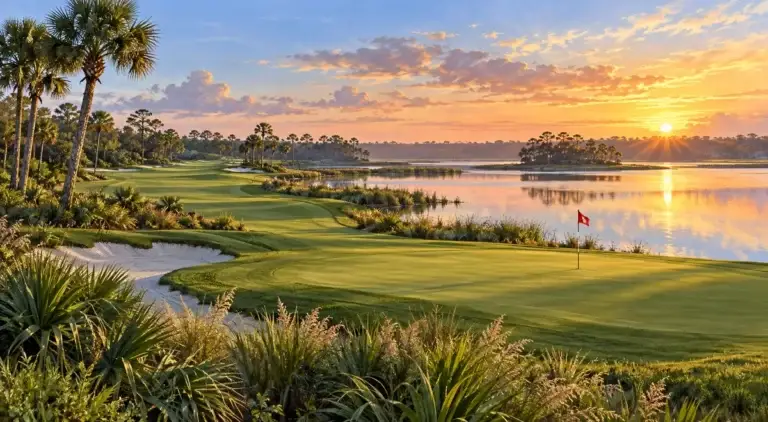 Illustration of Florida subtropical lakeside landscape at dawn