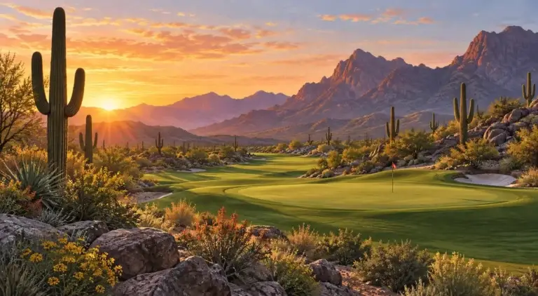 Illustration of Sonoran desert with saguaro and rugged mountains