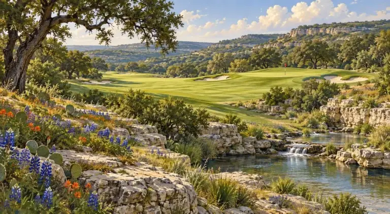 Illustration of Texas Hill Country limestone and live oaks