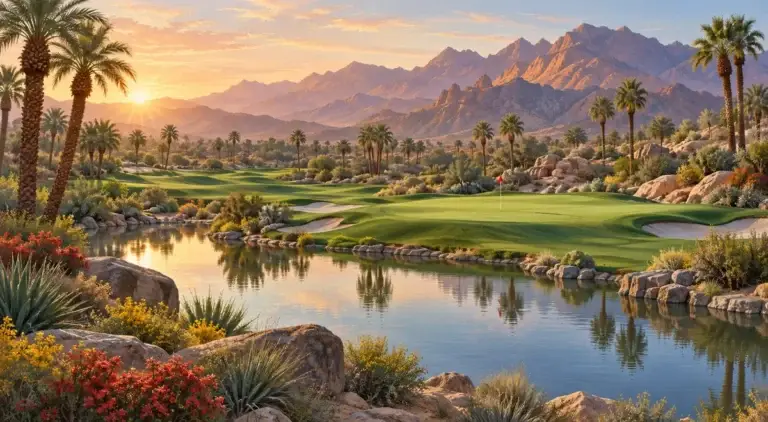 Illustration of Desert oasis with palms and reflective water