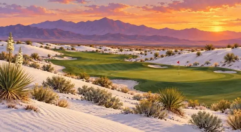 Illustration of White gypsum dunes and purple mountains