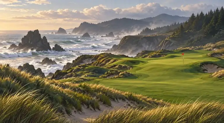Illustration of Oregon basalt headlands and misty surf