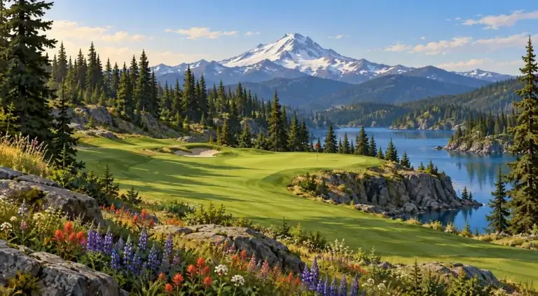 Illustration of Pacific Northwest volcanic peak and alpine lake