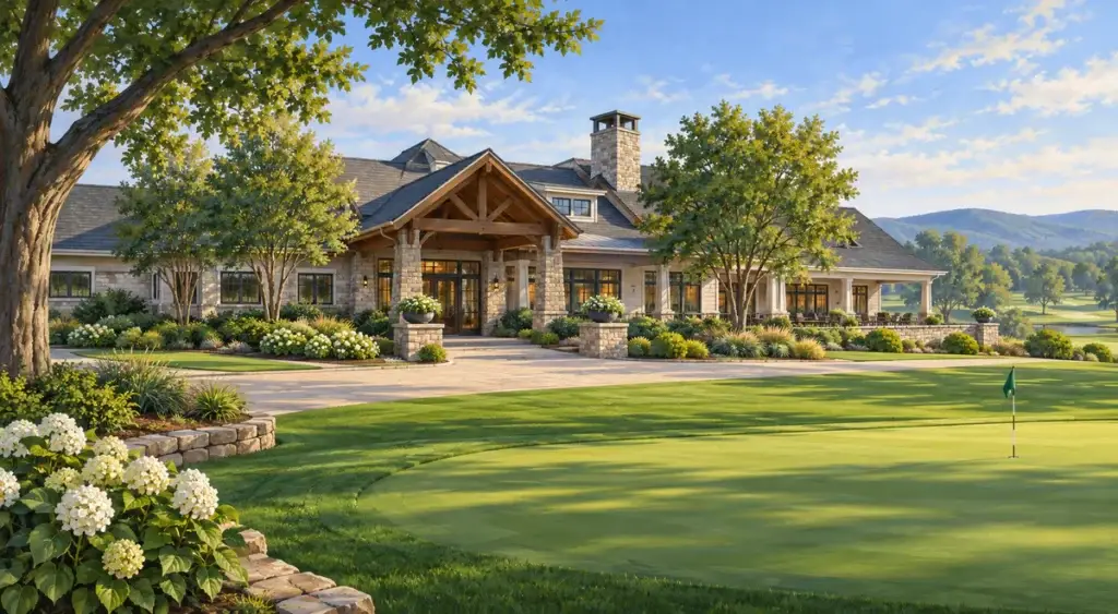 Illustration of a welcoming generic clubhouse and putting green