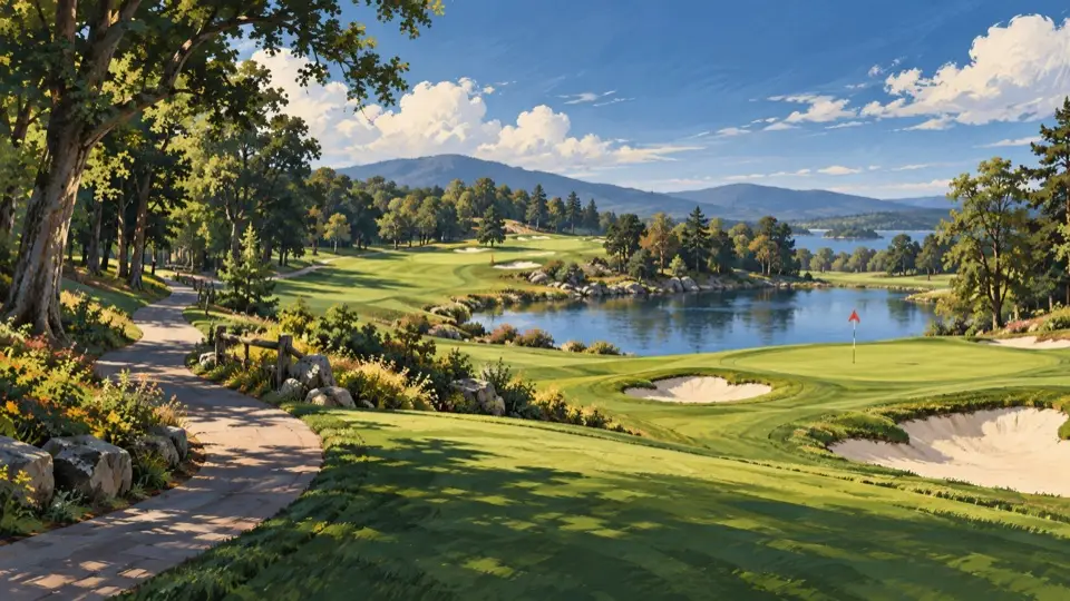 Illustration of a broad parkland golf course with several landscape features